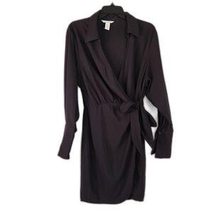 Black Wrap V Neck Mini Dress Wide Cuff Small Normcore Minimalist Chic